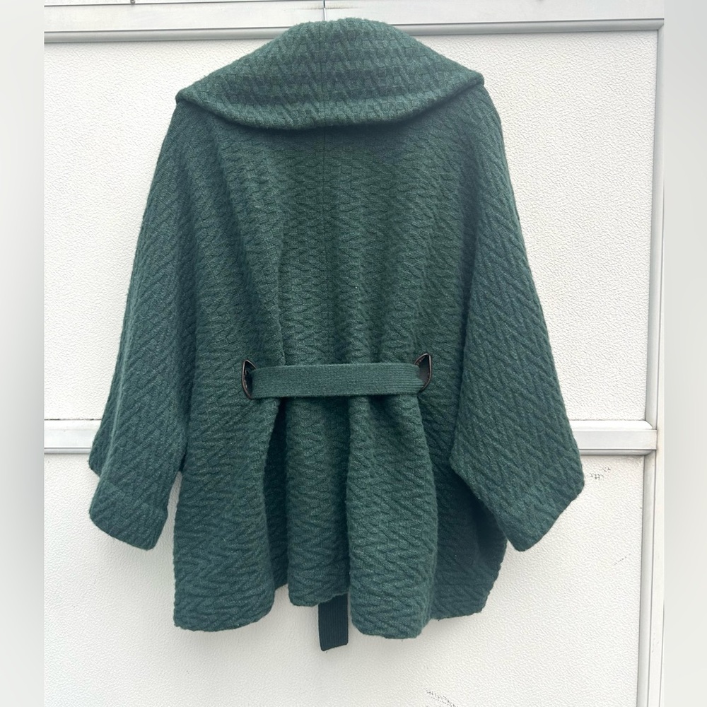 Lands End Sweater Jacket Quilted Lambs Wool Blend Women L-XL Green Belted Cozy - Picture 9 of 10